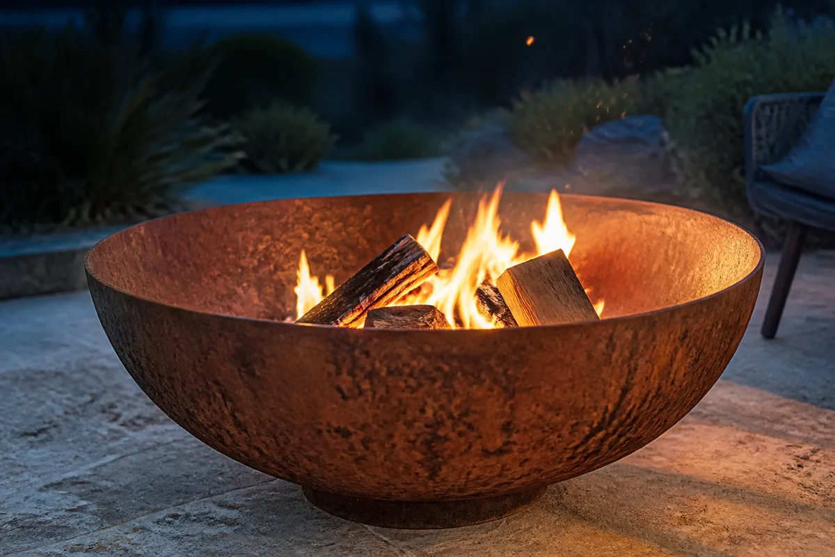 Vasque de brasero en acier corten allumée au crépuscule sur une terrasse en pierre