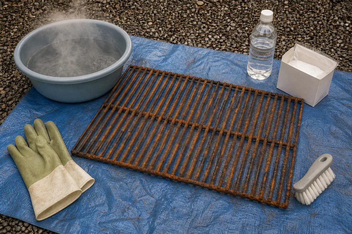 Grille de barbecue rouillée posée à plat sur une bâche avec brosse, gants et bassine de trempage