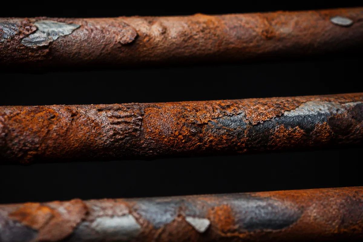 Gros plan sur les barreaux d&rsquo;une grille de barbecue attaqués par la rouille orangée