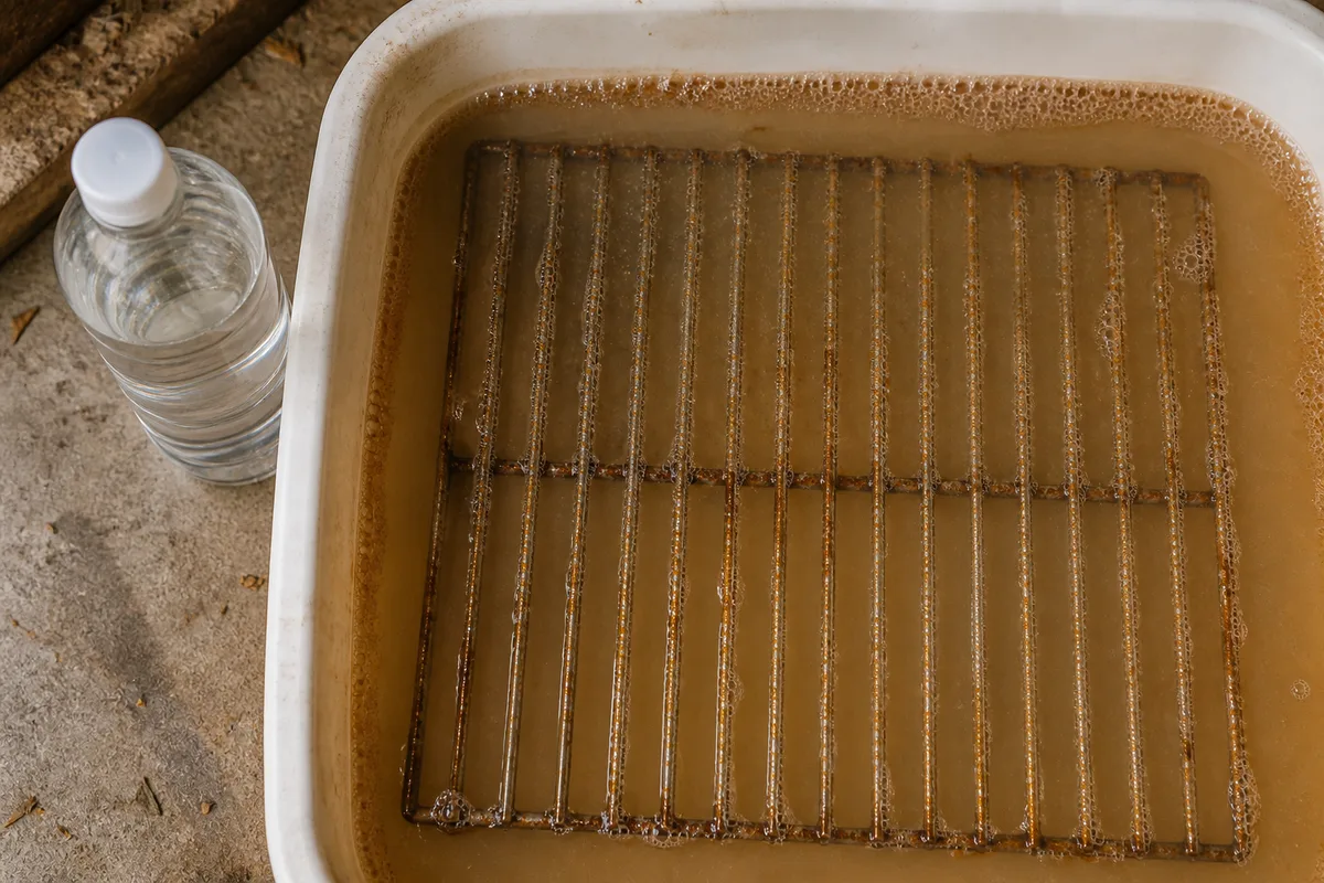 Grille de barbecue immergée dans un bain de vinaigre blanc dans une bassine