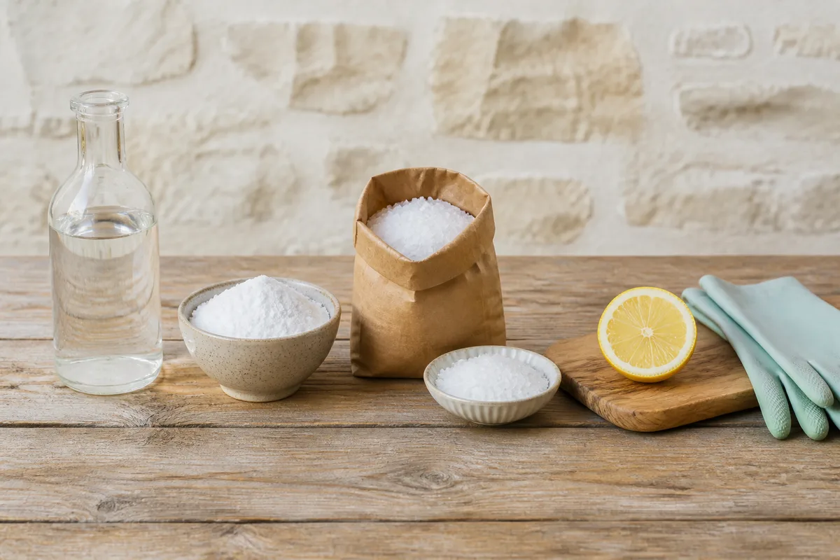 Vinaigre blanc, bicarbonate, cristaux de soude et gros sel alignés sur un plan de travail extérieur