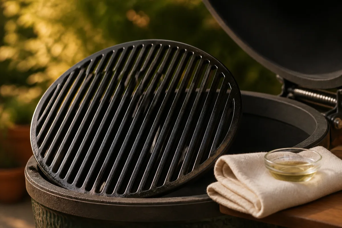 Grille de fonte propre et huilée au chiffon, prête à être remise sur le barbecue