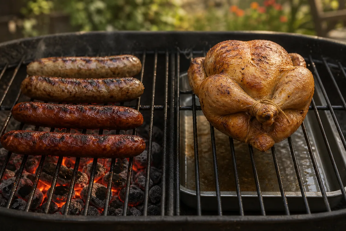 Saucisses grillées au-dessus des braises et poulet entier rôtissant en zone indirecte sur le même barbecue à charbon