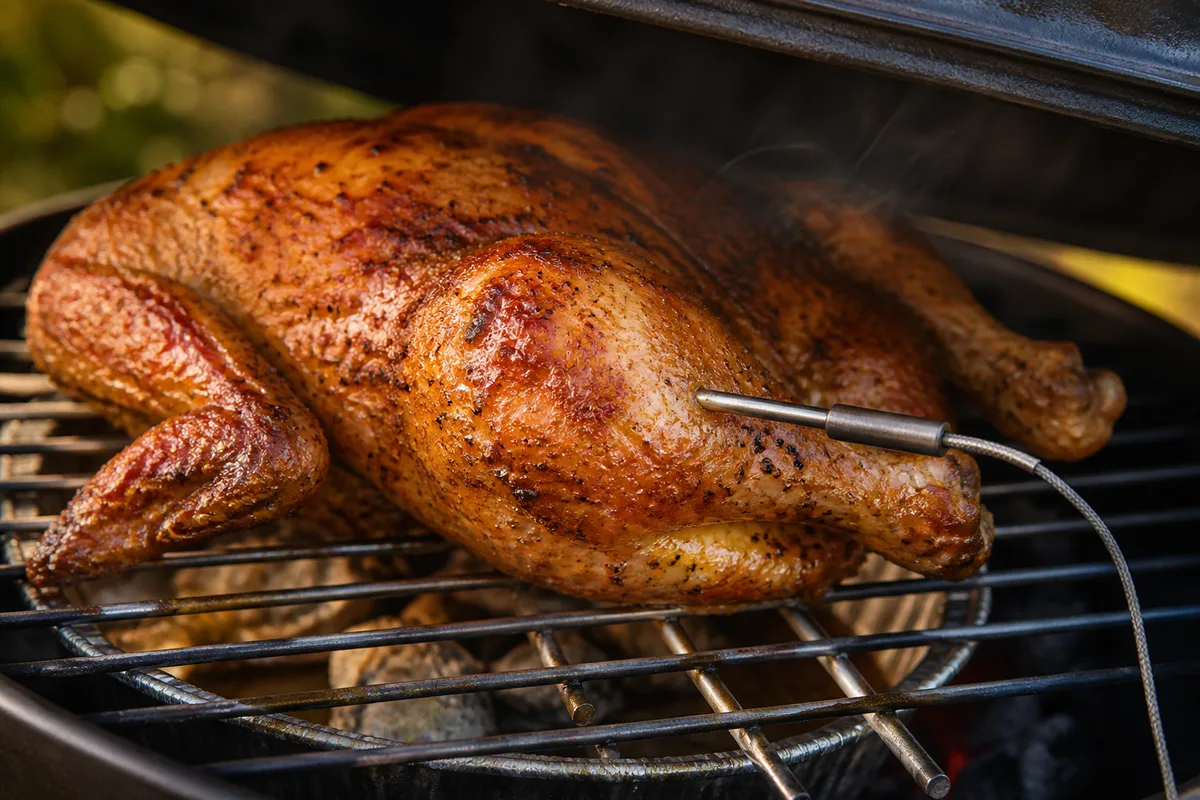 Thermomètre sonde planté dans la cuisse d’un poulet rôti sur un barbecue à couvercle fermé