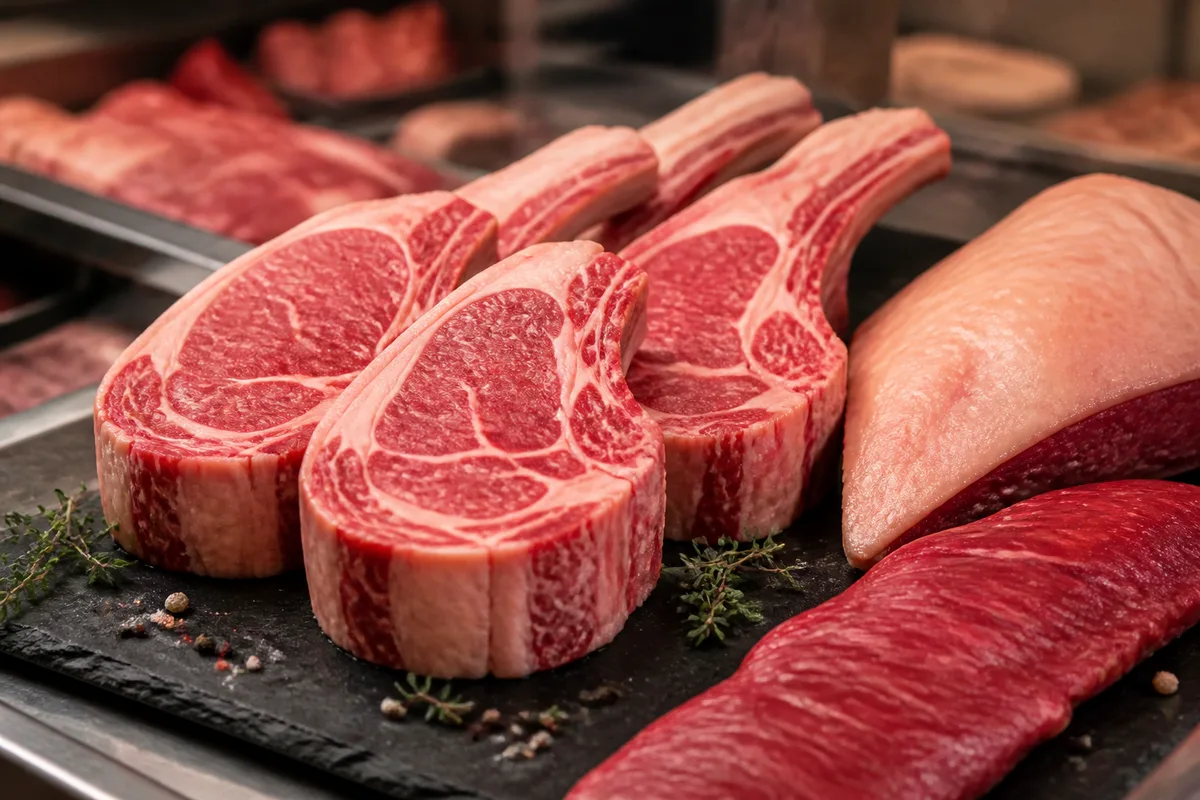 Étal de boucherie artisanale présentant des côtes de bœuf épaisses et des pièces à griller sur ardoise