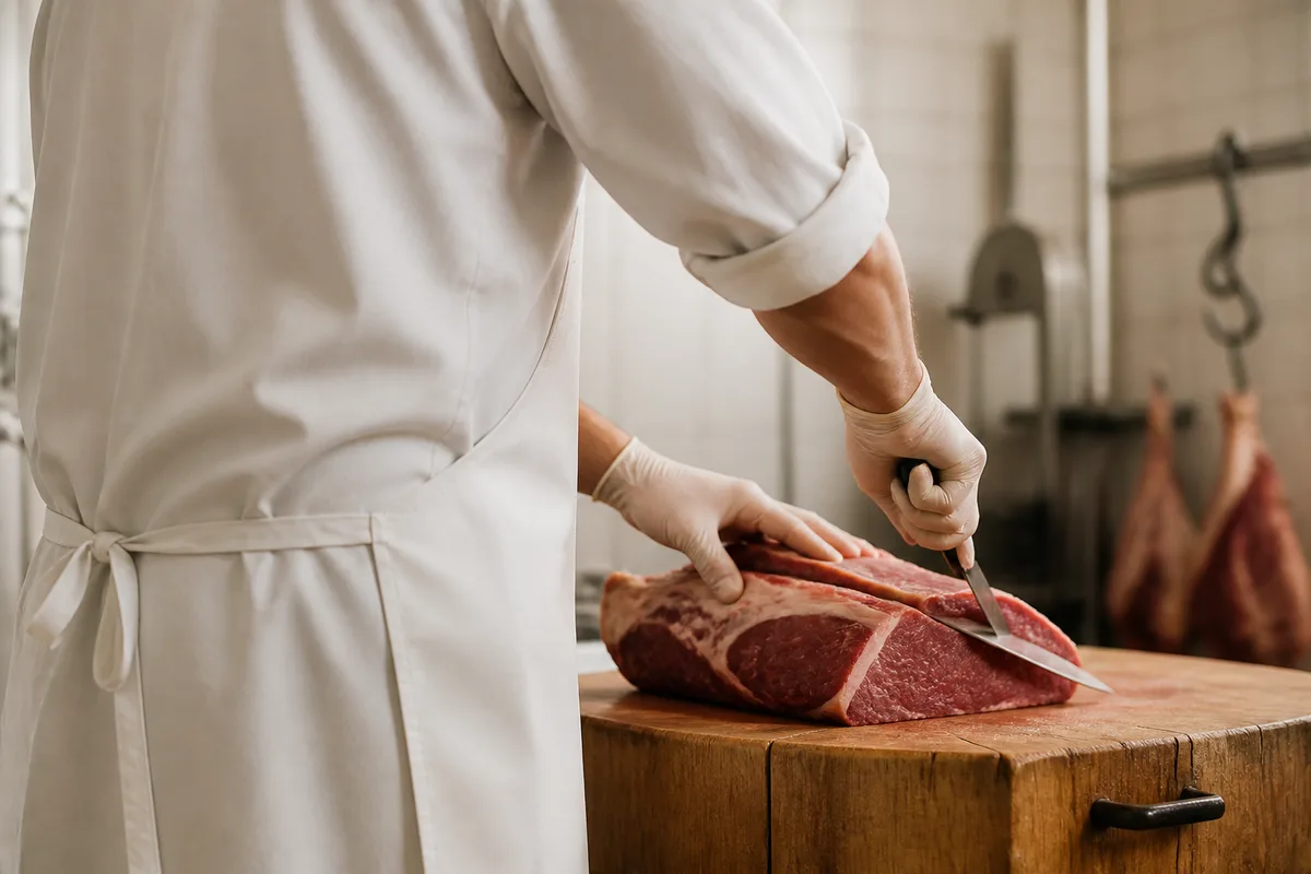 Boucher artisan en tablier découpant une pièce de bœuf épaisse au billot dans son laboratoire
