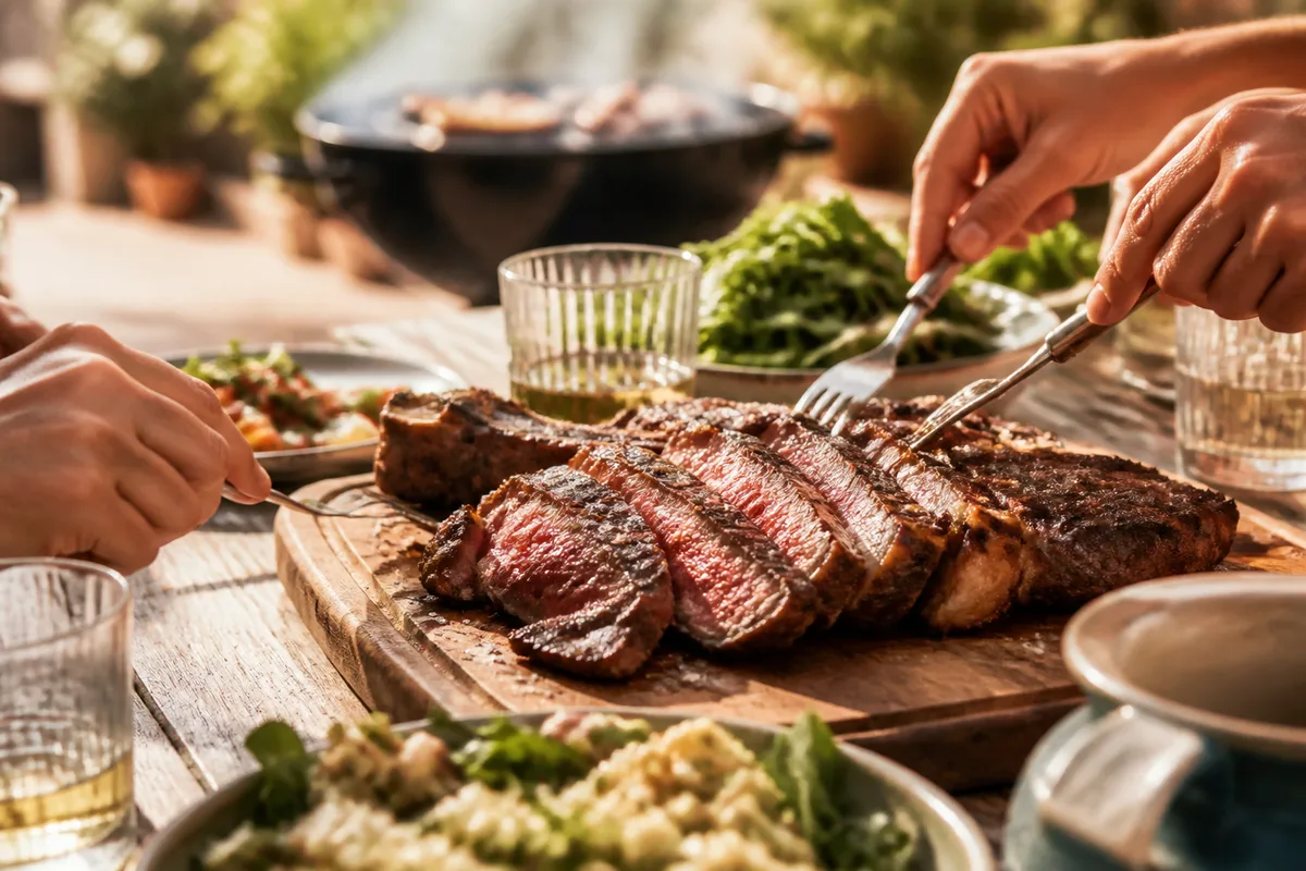 Grande tablée en extérieur autour d&rsquo;une côte de bœuf tranchée sur une planche en bois
