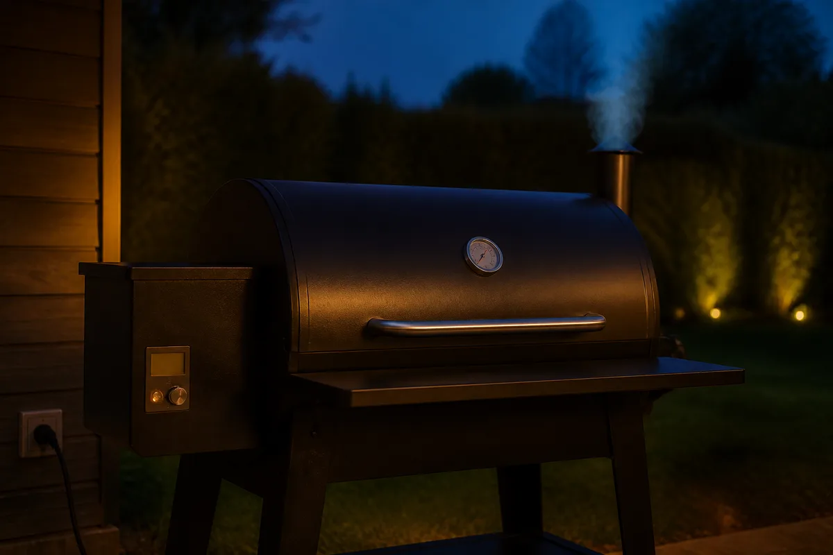 Barbecue à pellet en fonctionnement au crépuscule dans un jardin, filet de fumée sortant de la cheminée