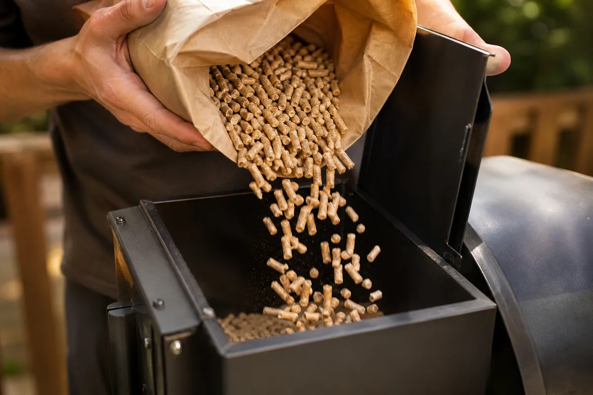 Sac de granulés de bois versé dans la trémie ouverte d’un barbecue à pellets, gros plan sur les pellets