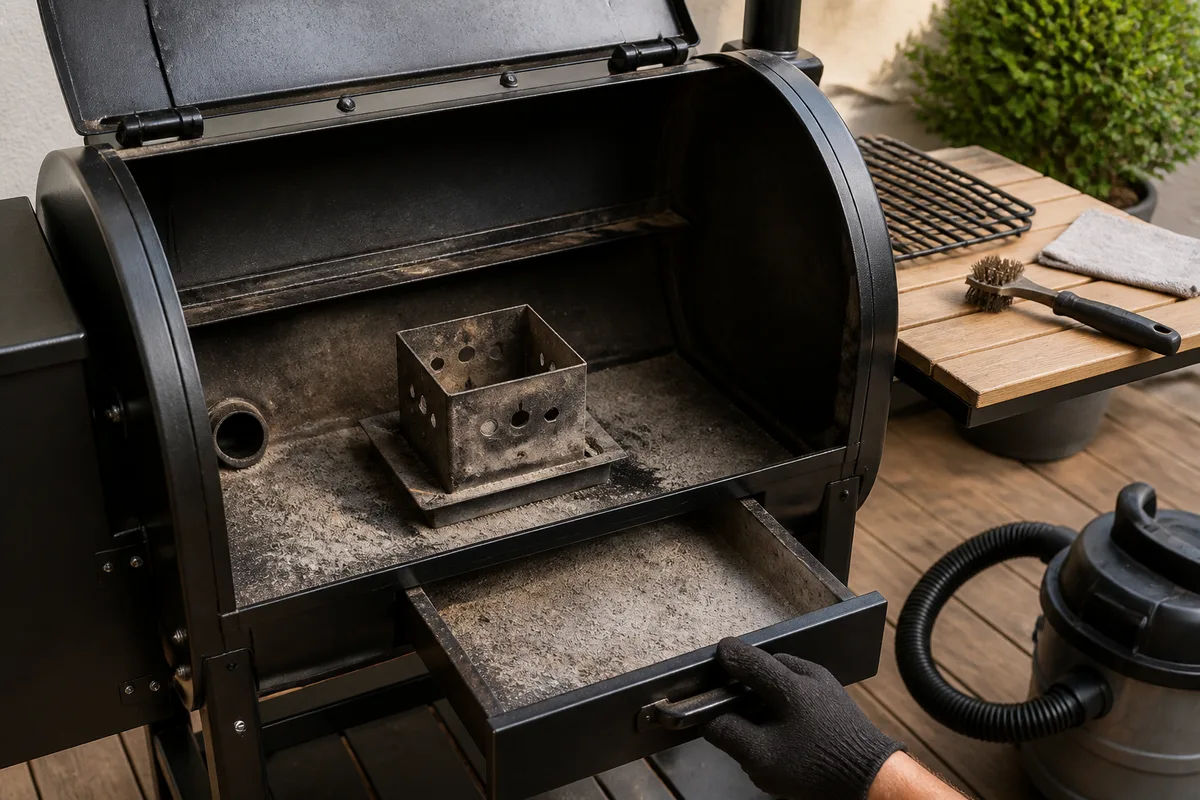 Brasero et bac à cendres d’un barbecue à pellets ouverts pour le nettoyage, brosse posée à côté
