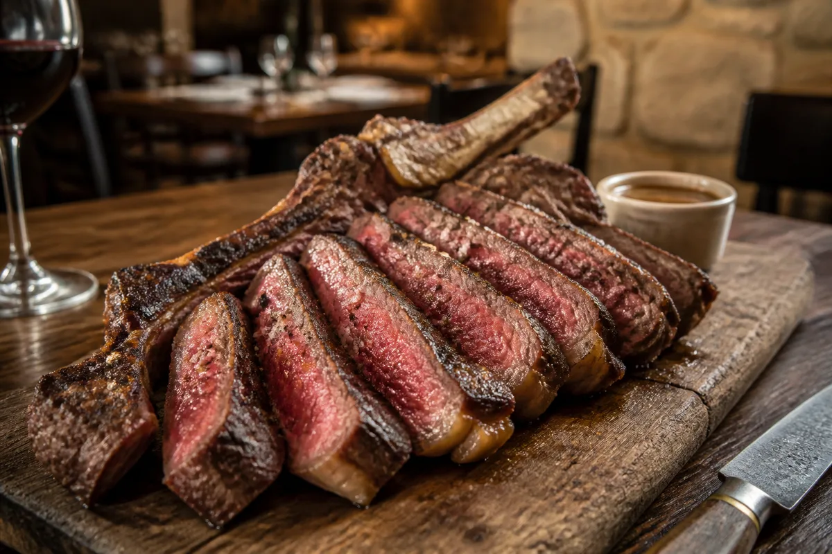 Grande côte de bœuf tranchée sur une planche en bois, os apparent, dans une salle de restaurant