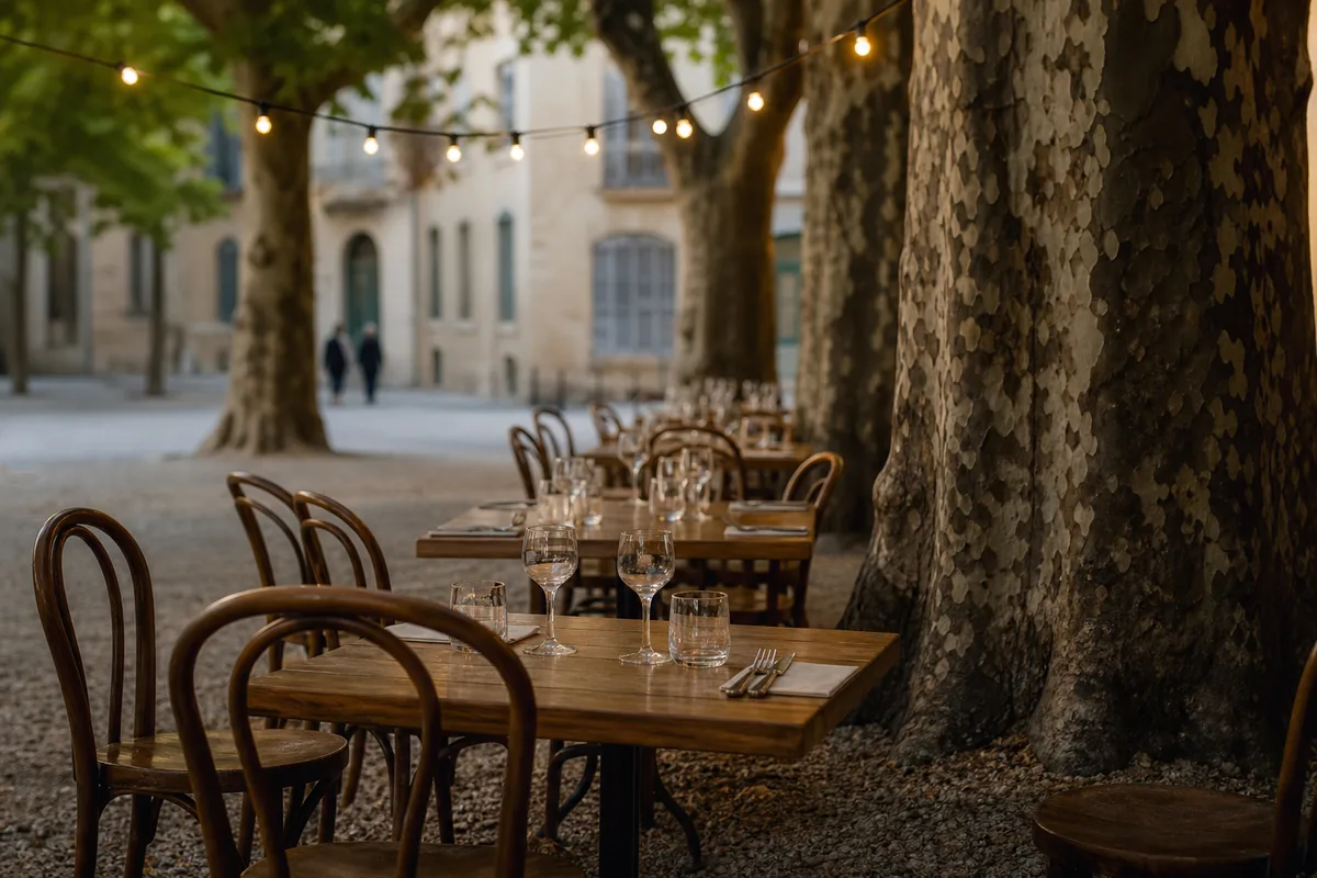 Terrasse de restaurant ombragée par des platanes avec des tables dressées à la tombée du jour