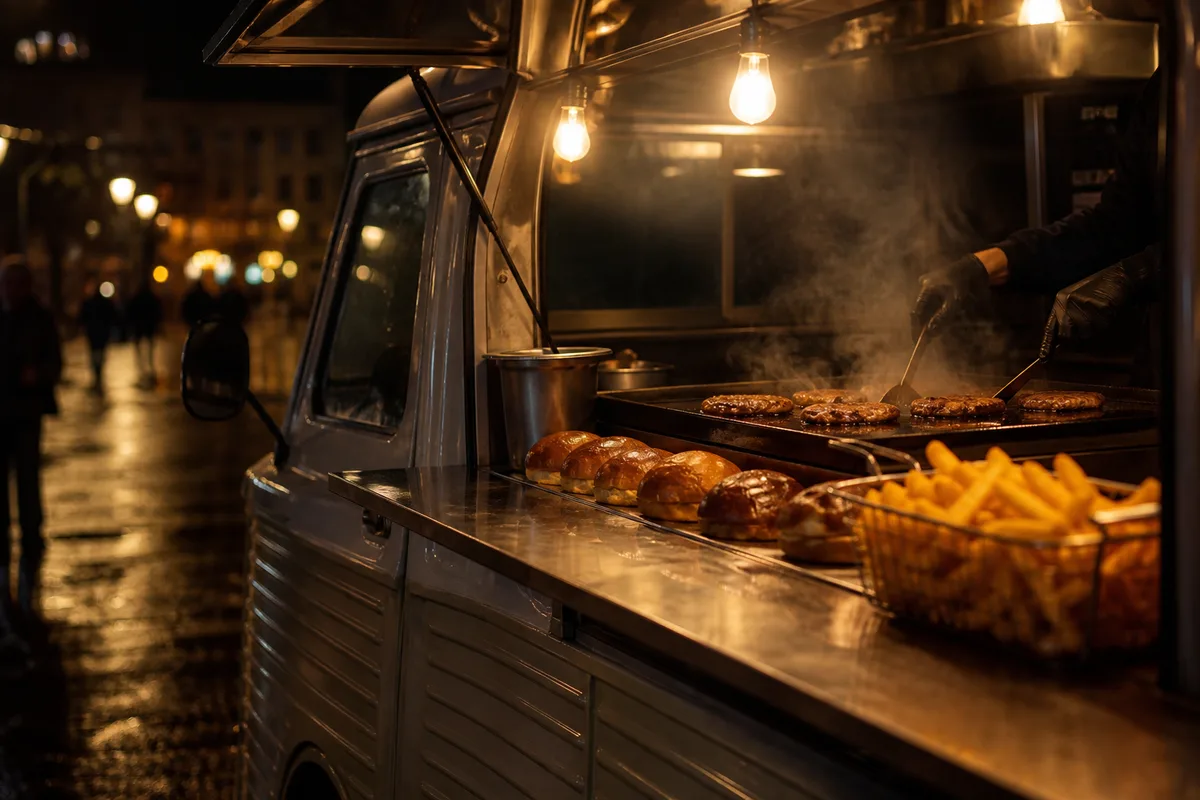 Camion de street food ouvert le soir, plancha allumée et burgers en préparation au comptoir