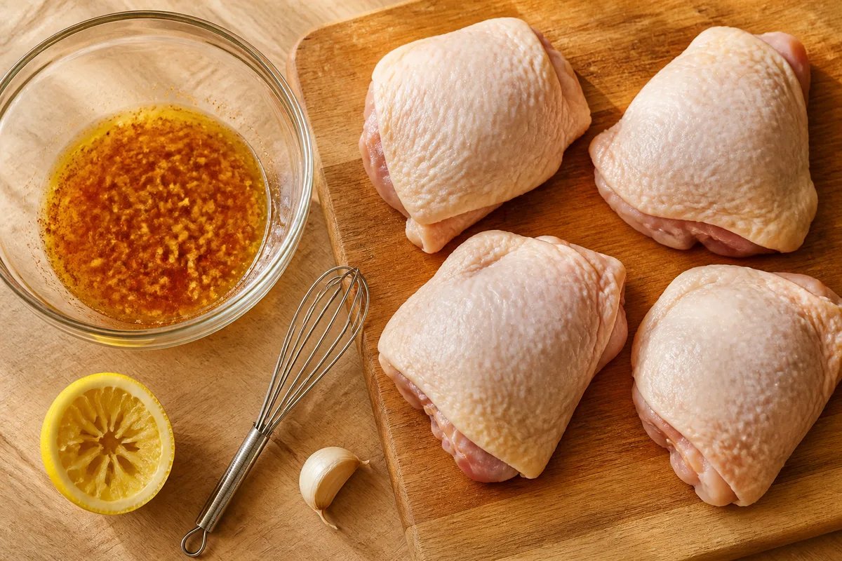 Bol de marinade au paprika et au citron à côté de cuisses de poulet crues sur une planche en bois