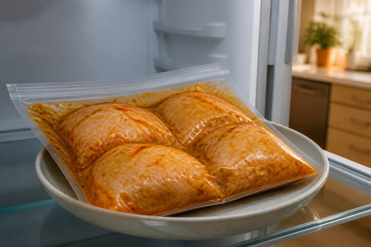 Cuisses de poulet en train de mariner dans un sac de congélation posé sur une clayette de réfrigérateur