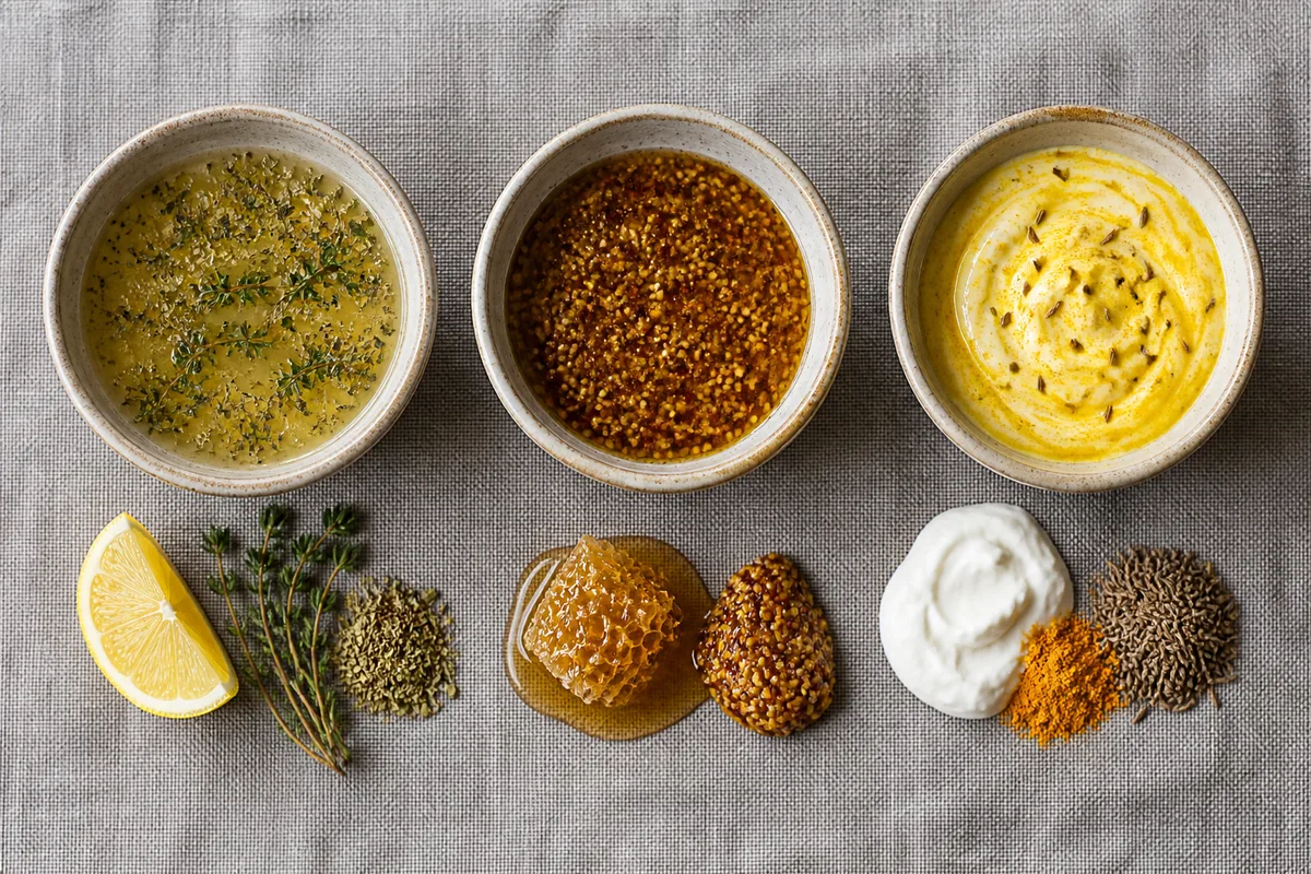 Trois bols de marinade côte à côte, citron et thym, miel et moutarde, yaourt et épices jaunes