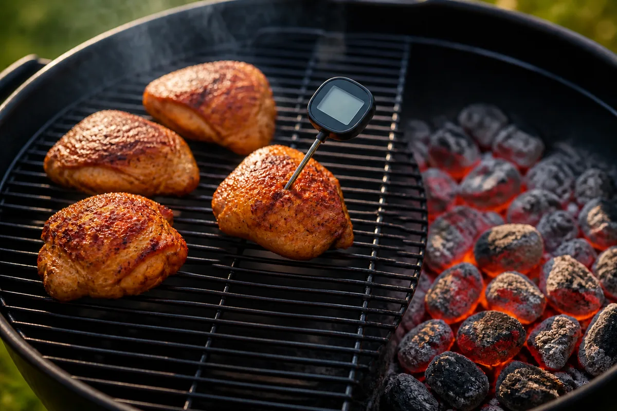 Cuisses de poulet marinées dorées sur une grille de barbecue avec un thermomètre à sonde planté dans la plus épaisse