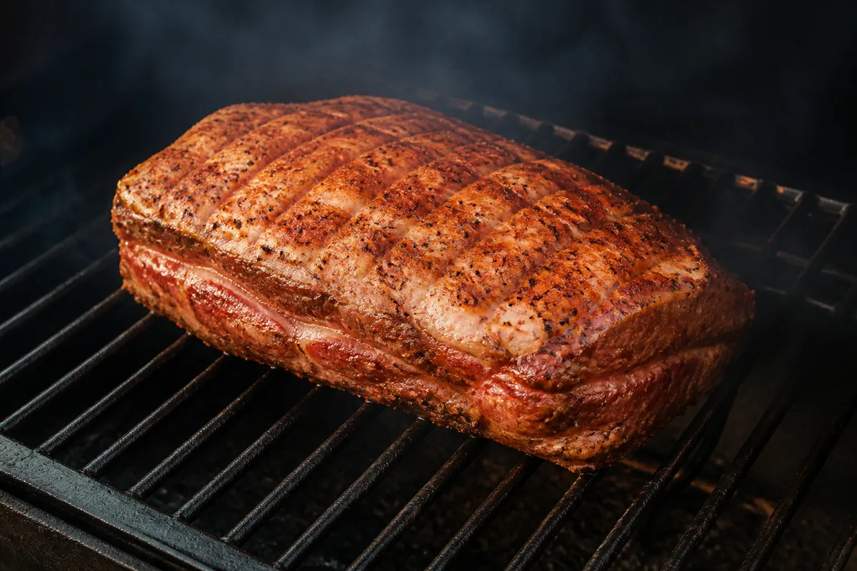 Échine de porc entière posée sur la grille d’un fumoir, croûte d’épices en formation