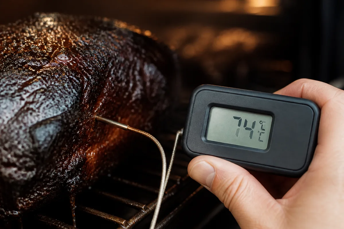 Sonde de cuisson plantée dans une pièce de porc, écran affichant une température de palier