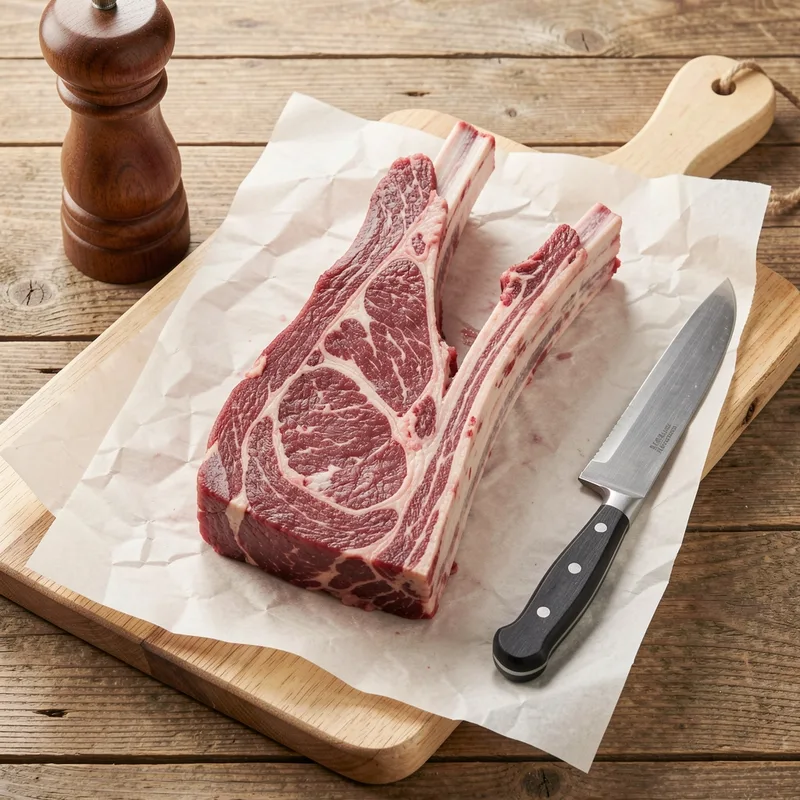 Côte de bœuf épaisse avec os paré posée sur un papier de boucher à côté d’une planche en bois