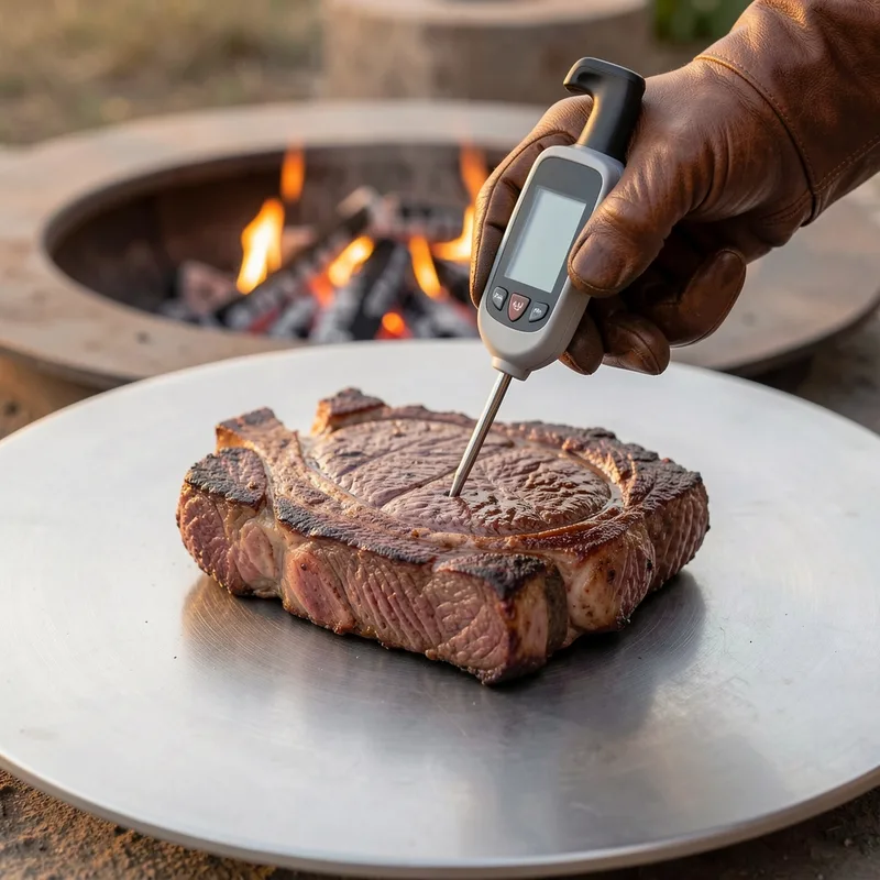Thermomètre sonde planté dans une côte de bœuf en cours de cuisson sur la couronne d’un brasero